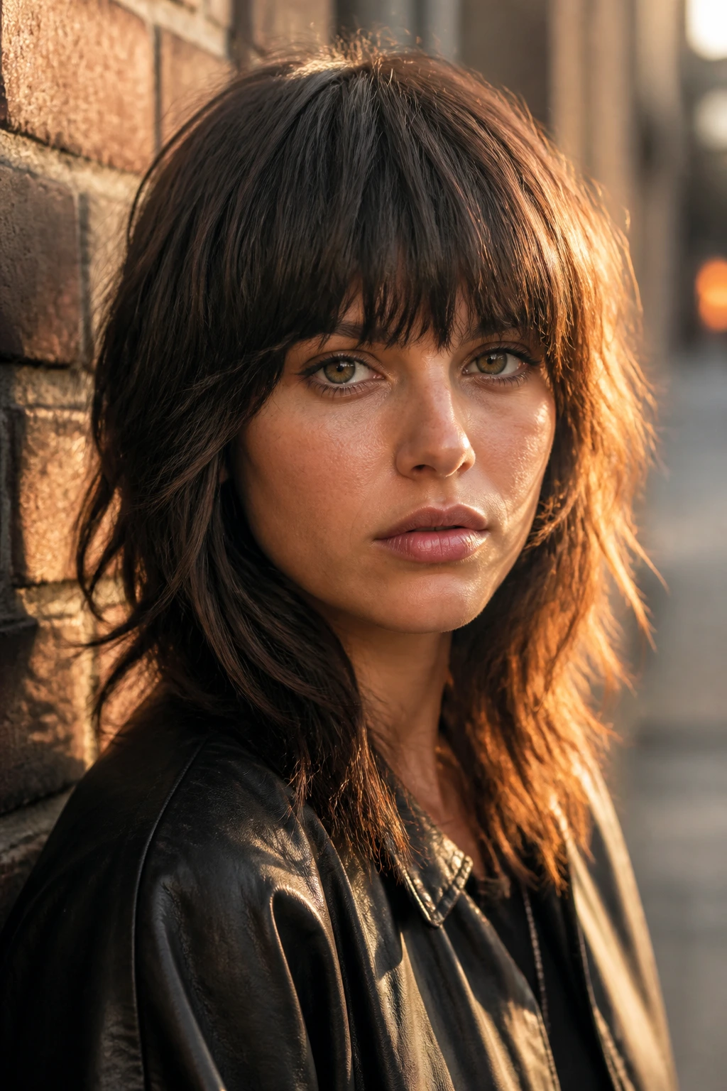 Close-up portrait of a real person with razor shag and heavy fringe