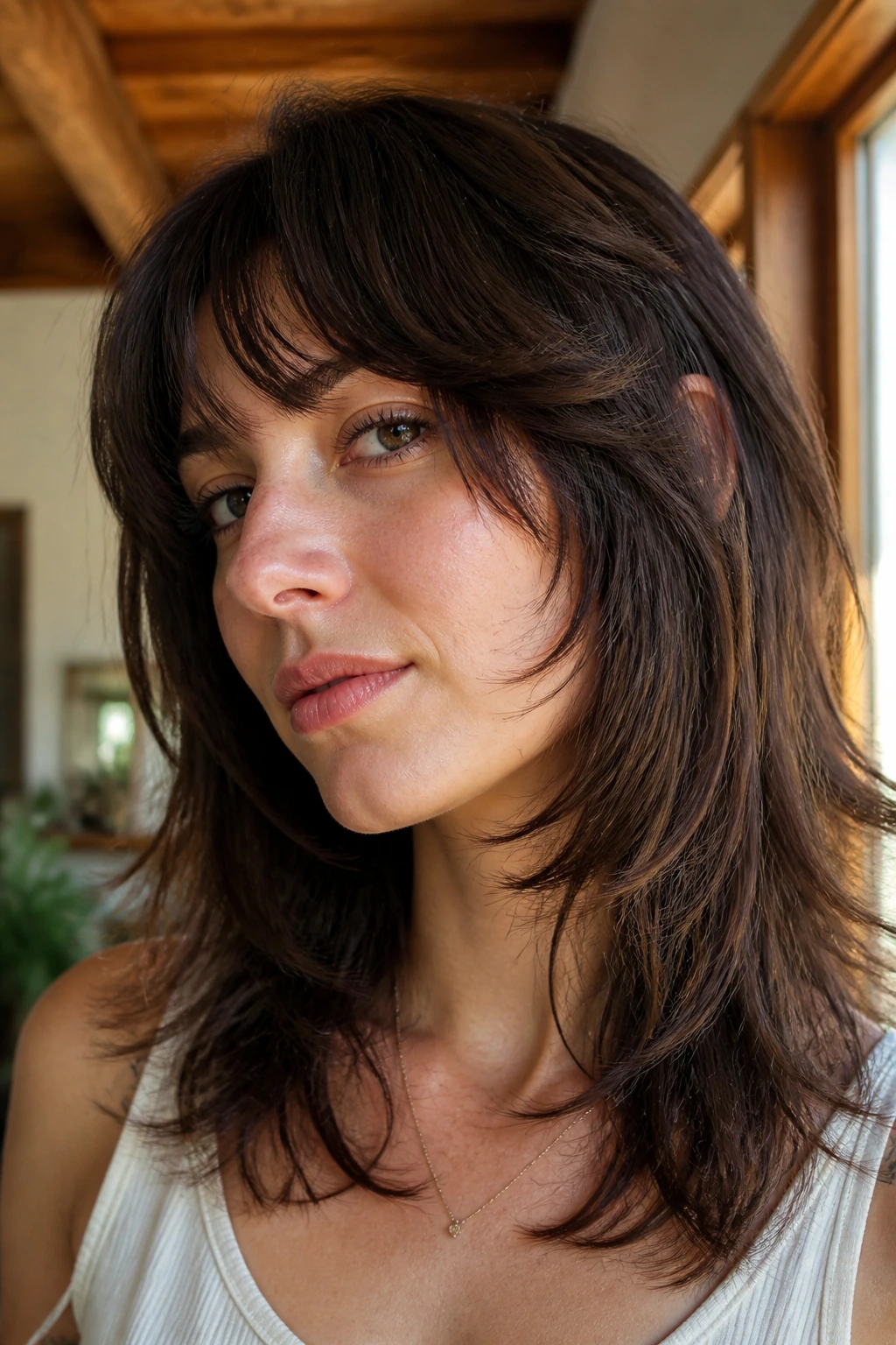 Close-up of a real person with razor shag and invisible interior layers.