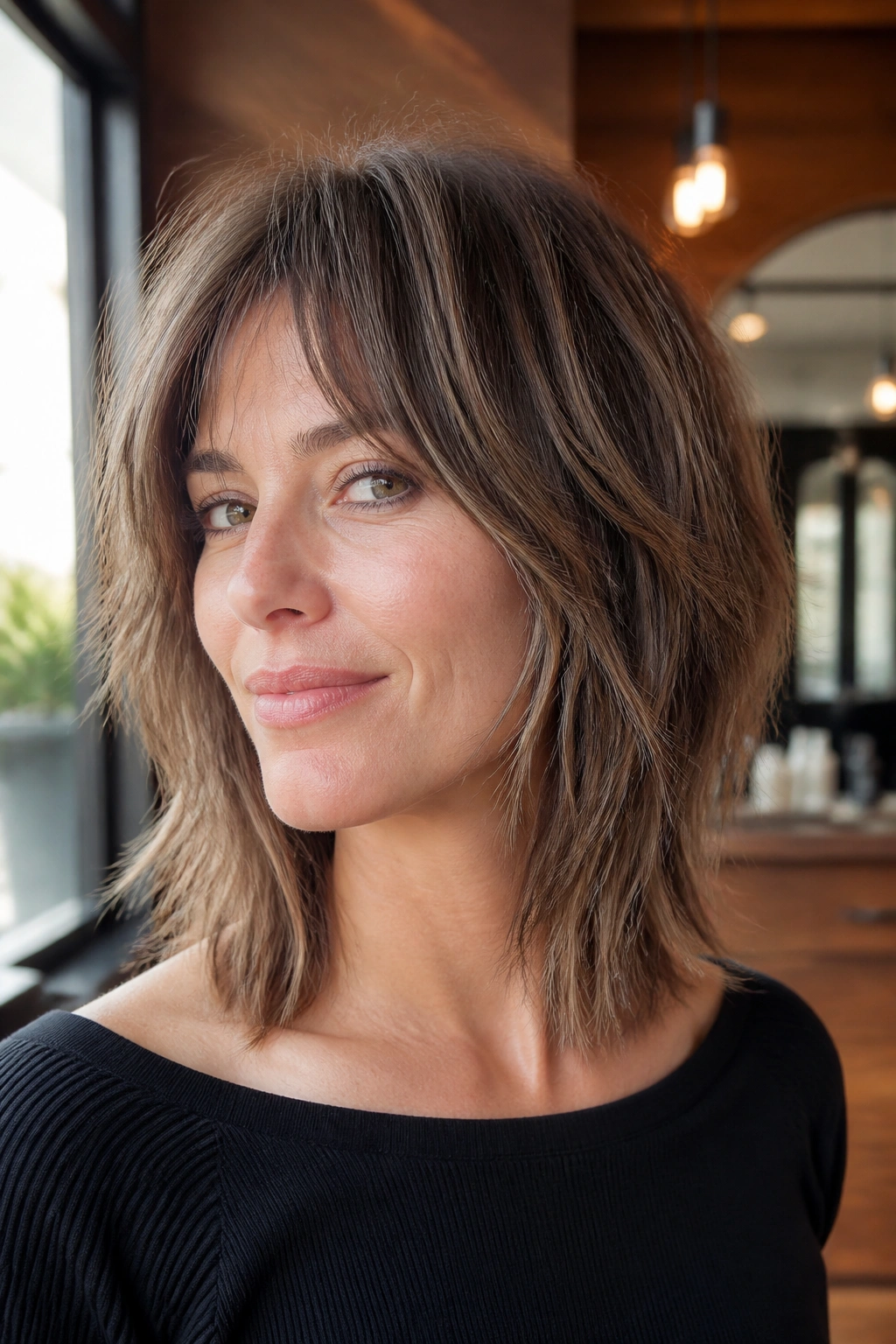 Close-up of a real woman with a shoulder-grazing razor shag and airy ends in a warm salon setting