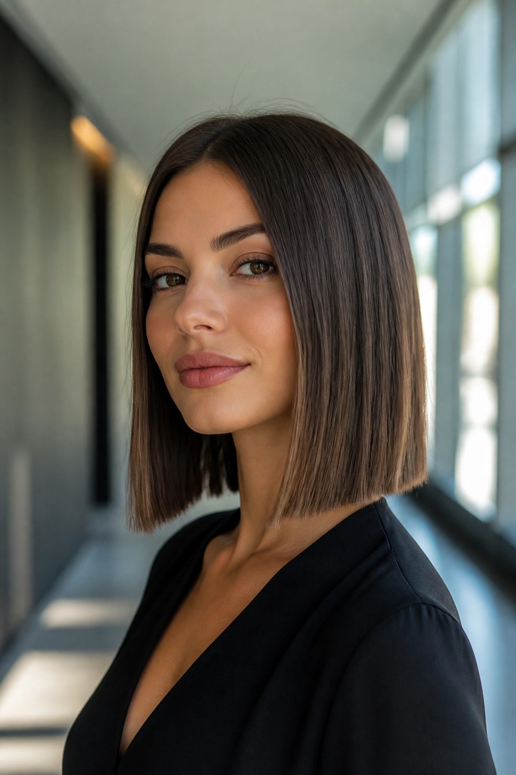 Portrait of a real woman with a razor-sharp blunt straight lob