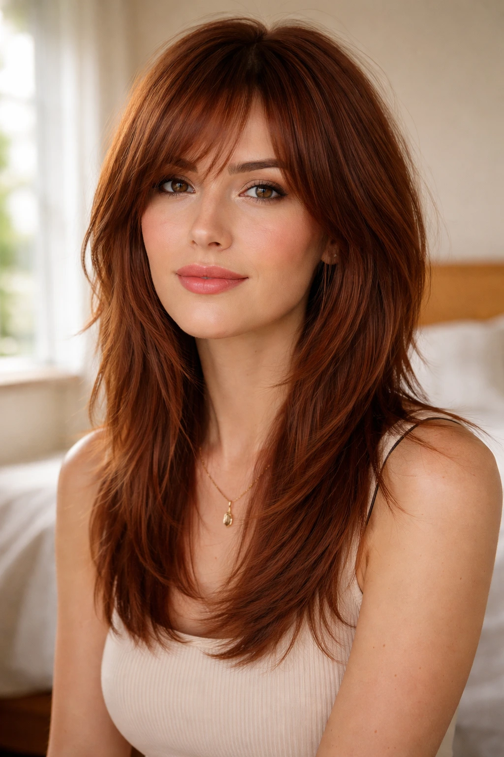 Close-up of a real woman with razor-soft auburn shag for straight fine hair