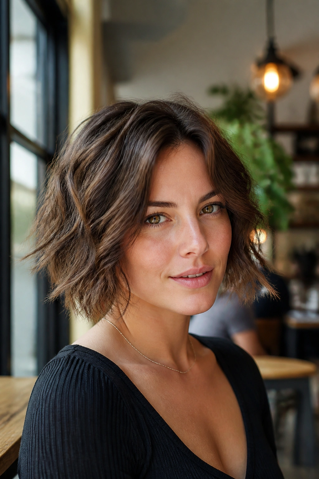 Real woman with razor-soft choppy bob in bright cafe light