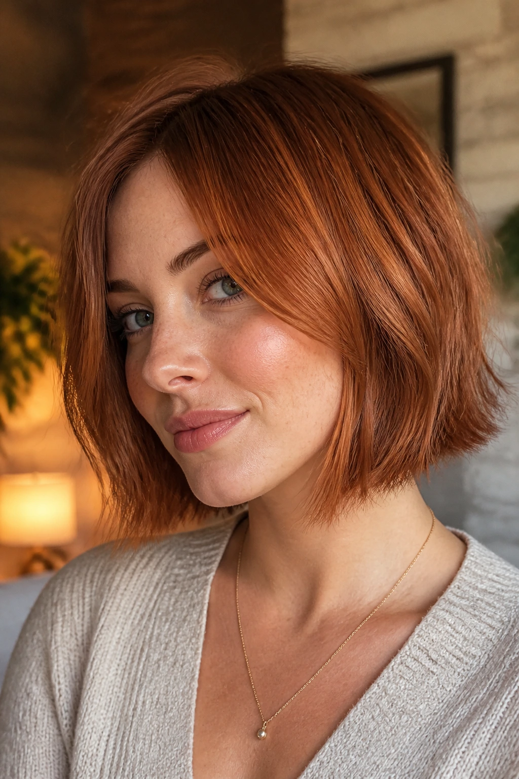 Close-up real woman with razor-soft copper bob and feathered ends