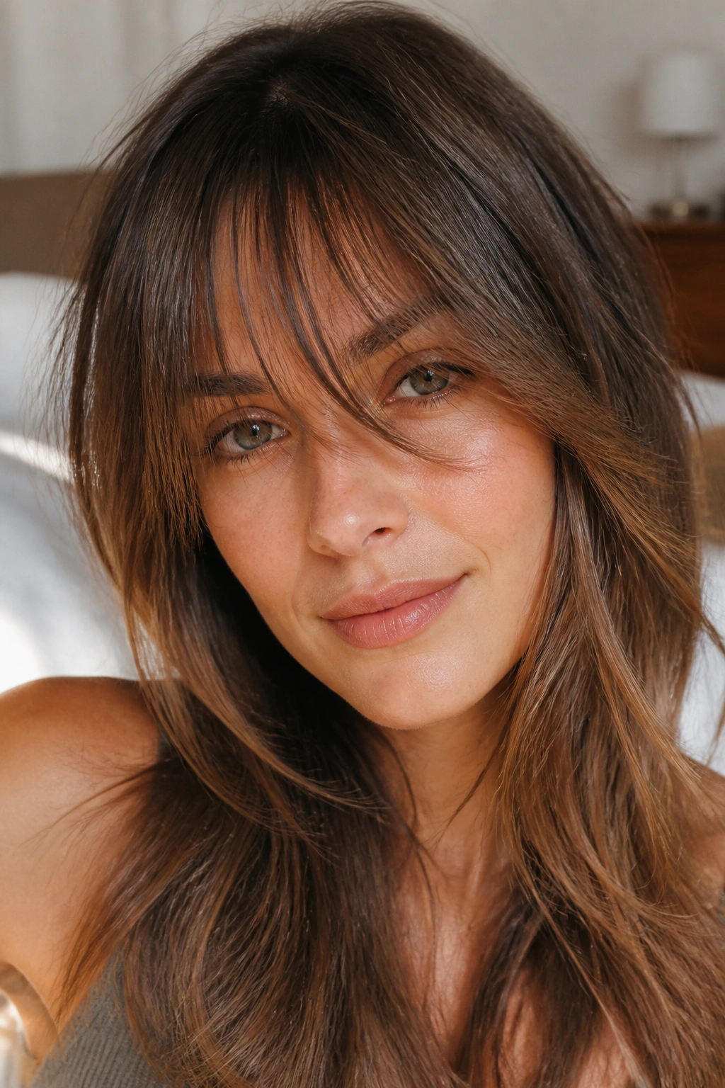 Real woman with razor-soft feather fringe and airy texture