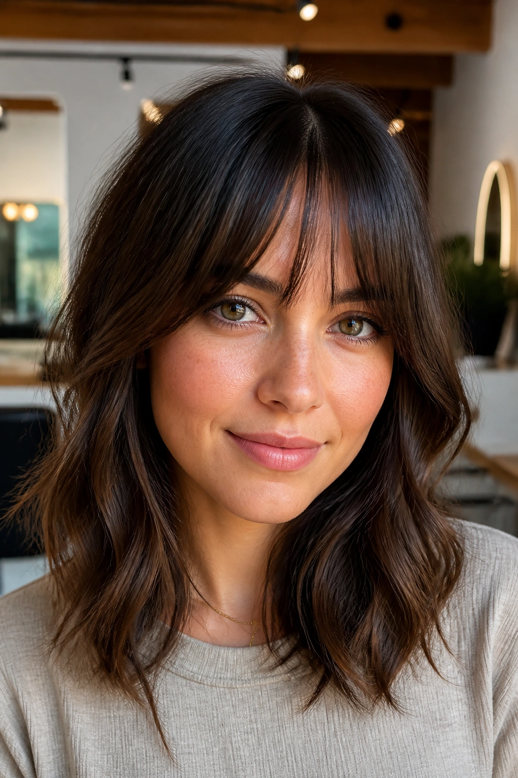 Close-up of a woman with a razor-soft A-line fringe in a sunlit salon