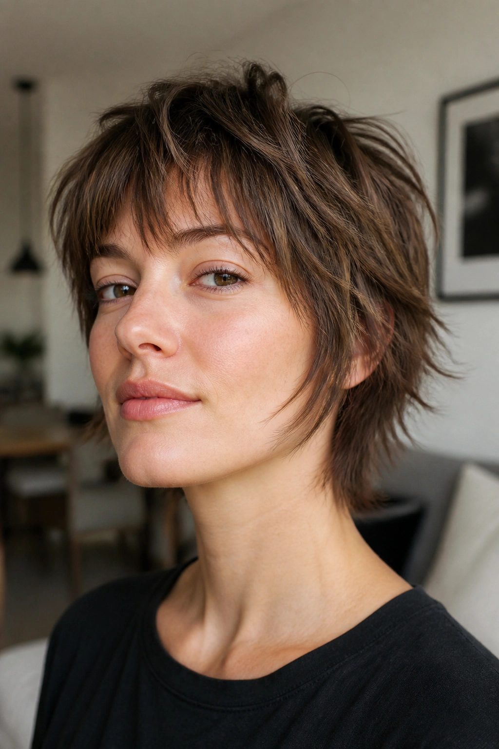 Real person with razor-soft micro-shag and airy ends in a soft-lit apartment