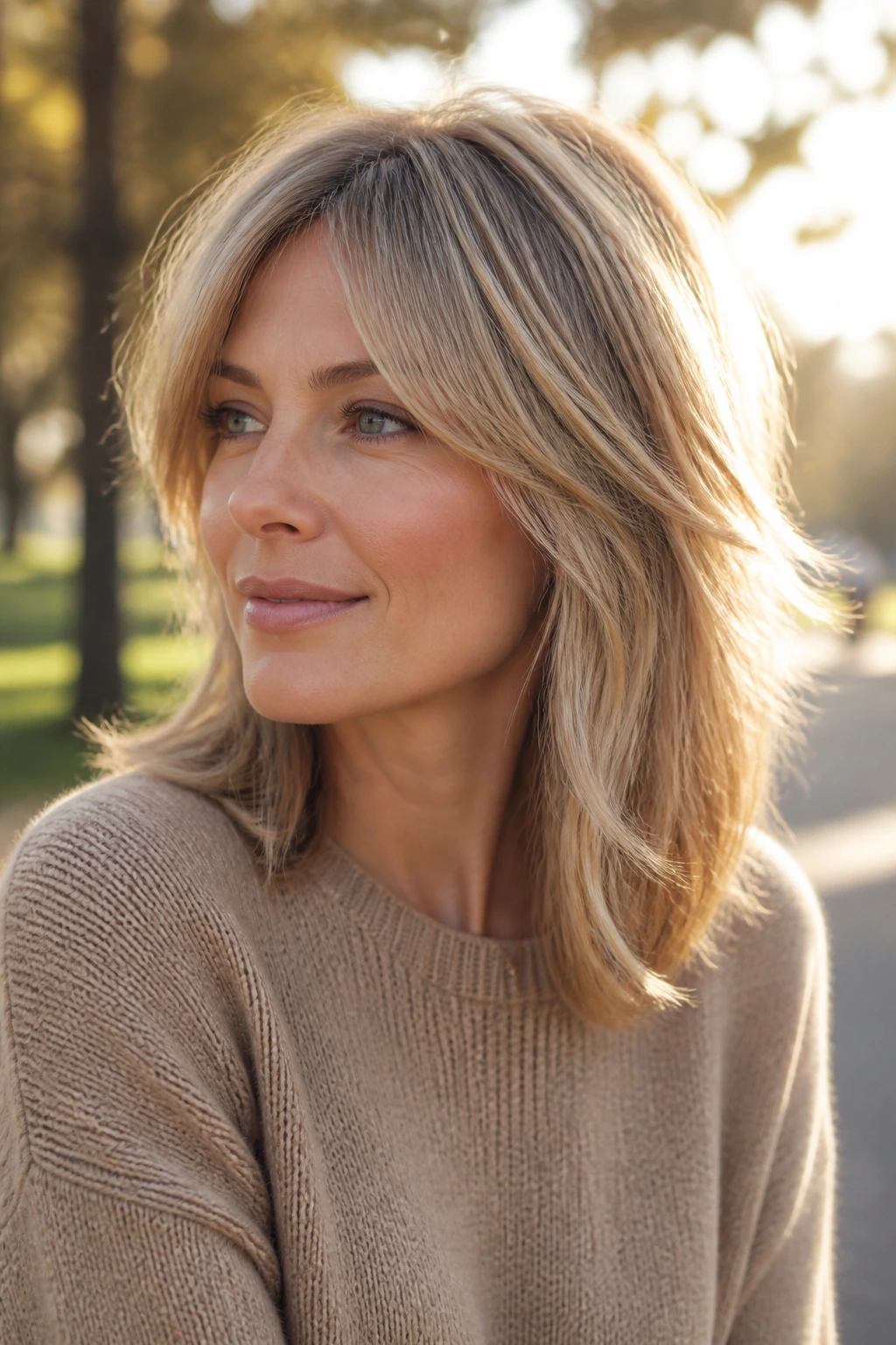 Close-up portrait of a real woman with razor-soft midi blonde shag