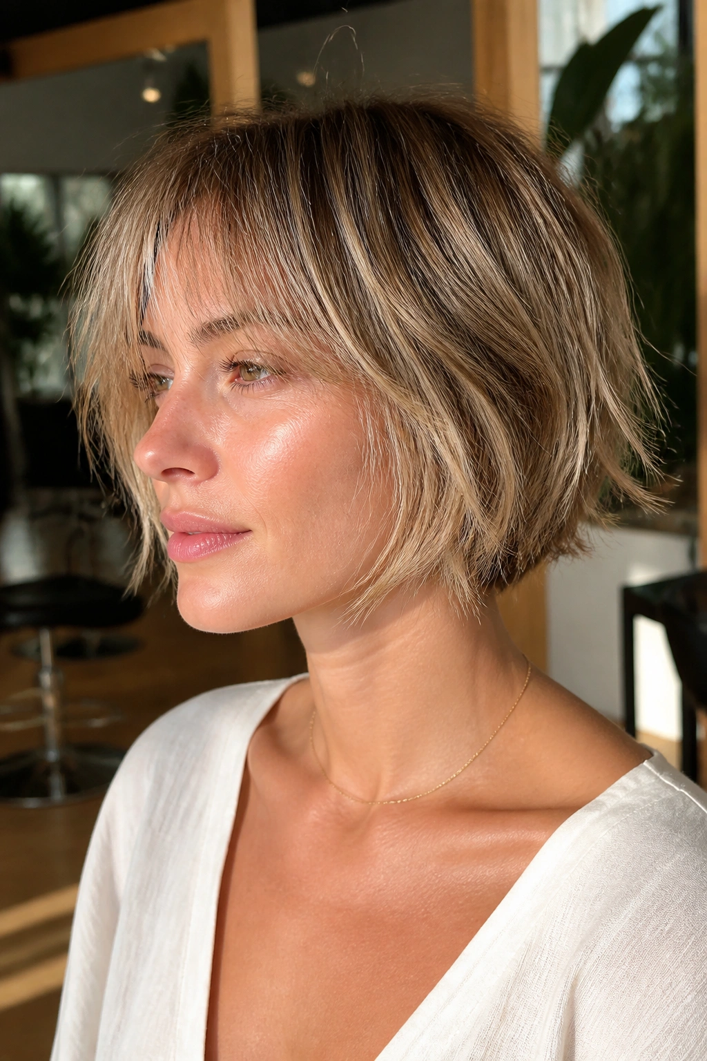 Close-up portrait of a real woman with Razor-Soft Shag Bob in a sunlit salon