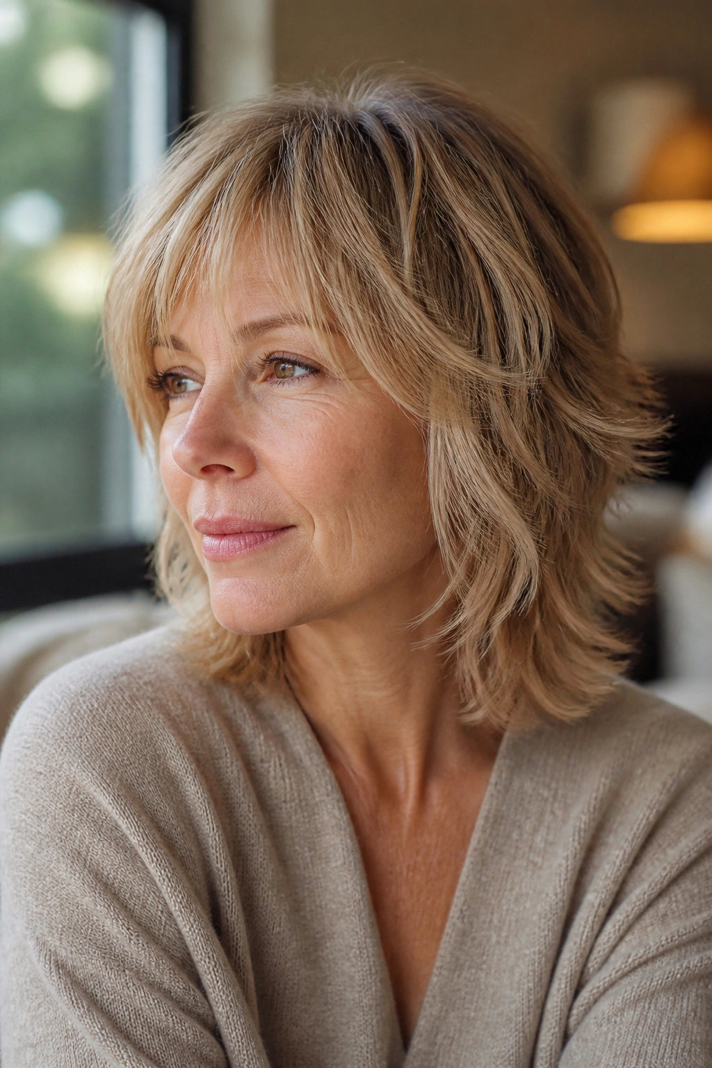 Close-up portrait of a real woman with a razor-soft shag hairstyle and airy crown layers in natural window light