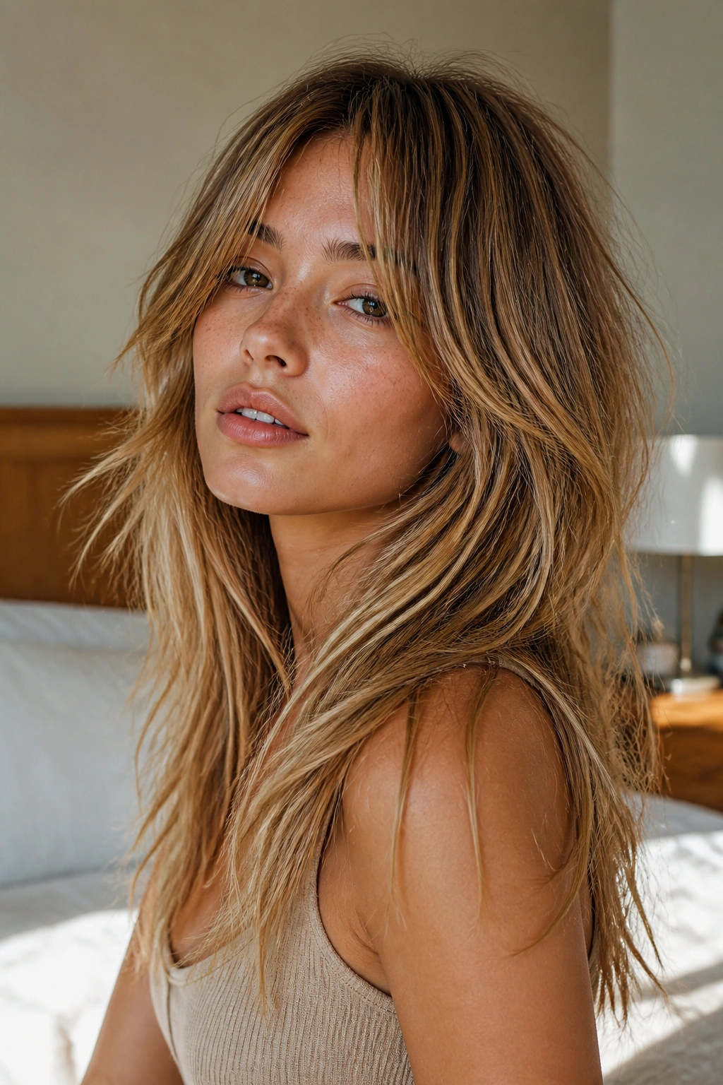 Portrait of a real woman with razor-soft shag and feathered edges.