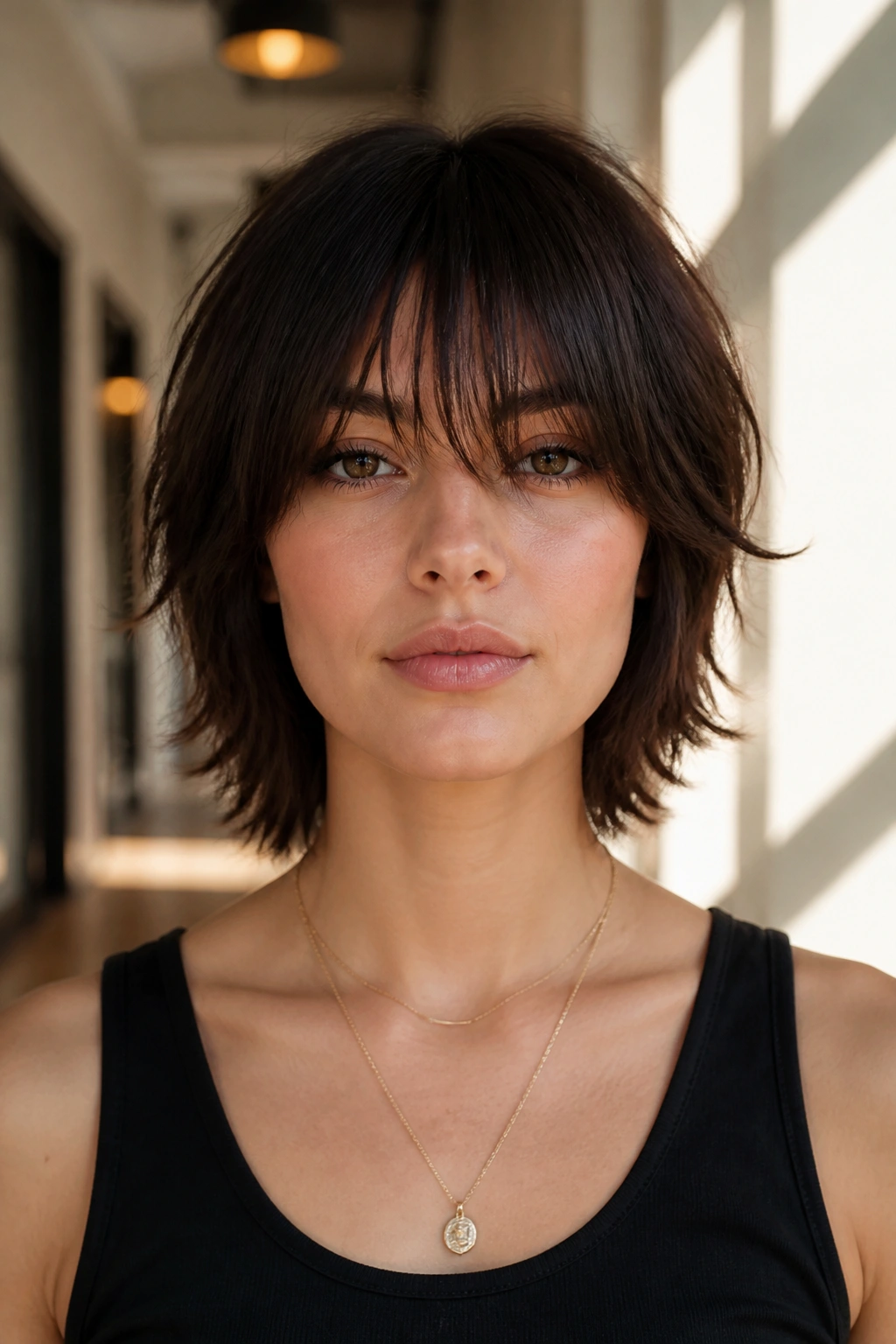 Close-up of real person with Razor-Soft Shag With Long Fringe in hallway light