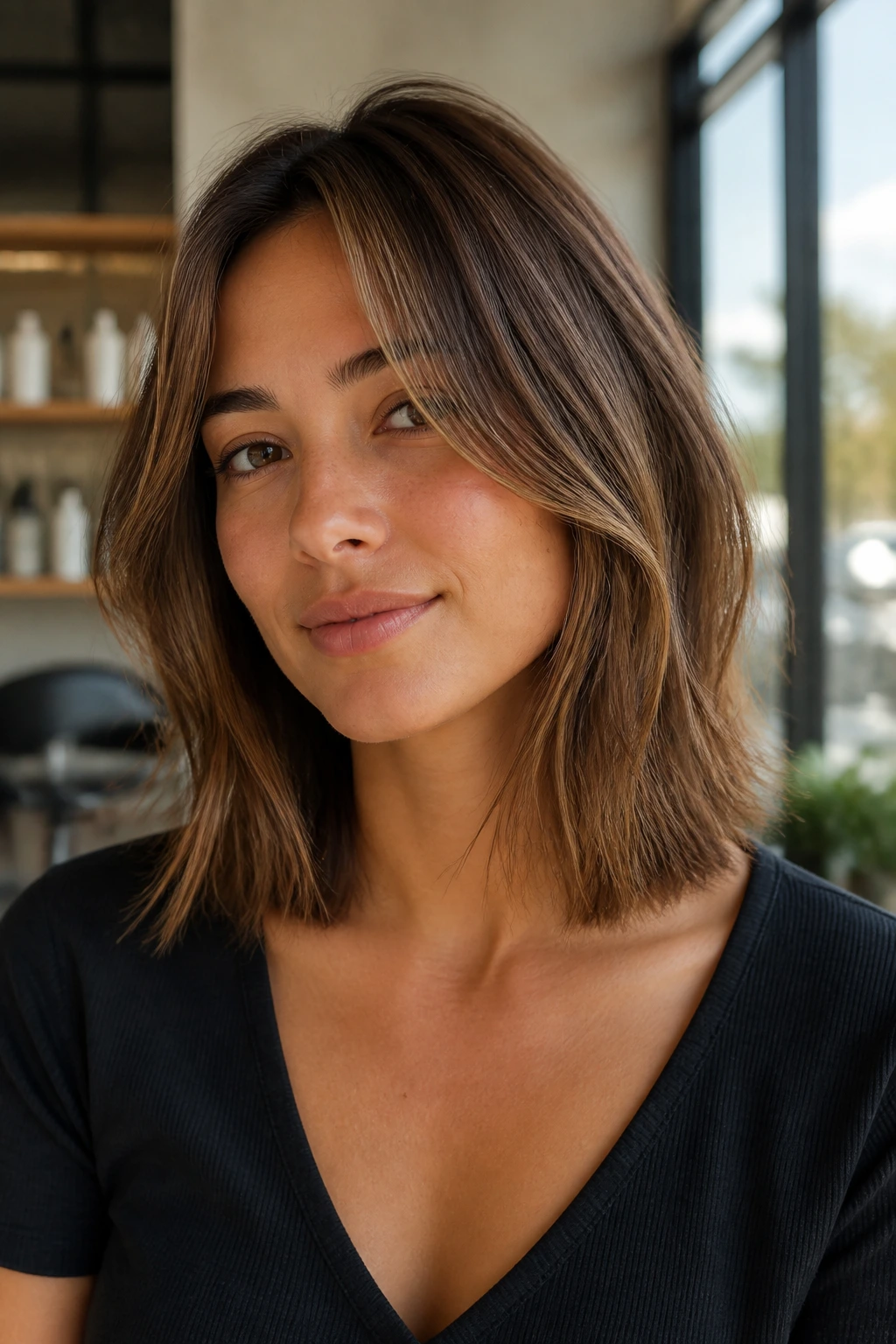 Real woman with razor-soft shoulder cut, close-up portrait in a bright salon