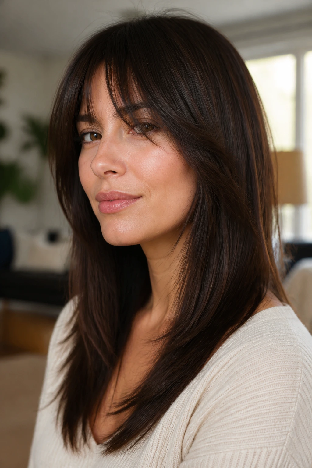 Close-up of brunette with razor-soft straight-hair shag and airy ends.