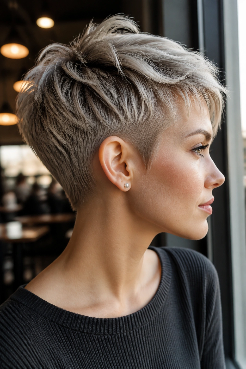 Close-up of a real person showing a razor-textured stacked pixie cut.
