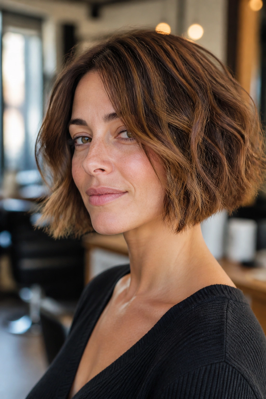 Close-up of a real woman with a razor-textured bob and feathered ends in warm salon light