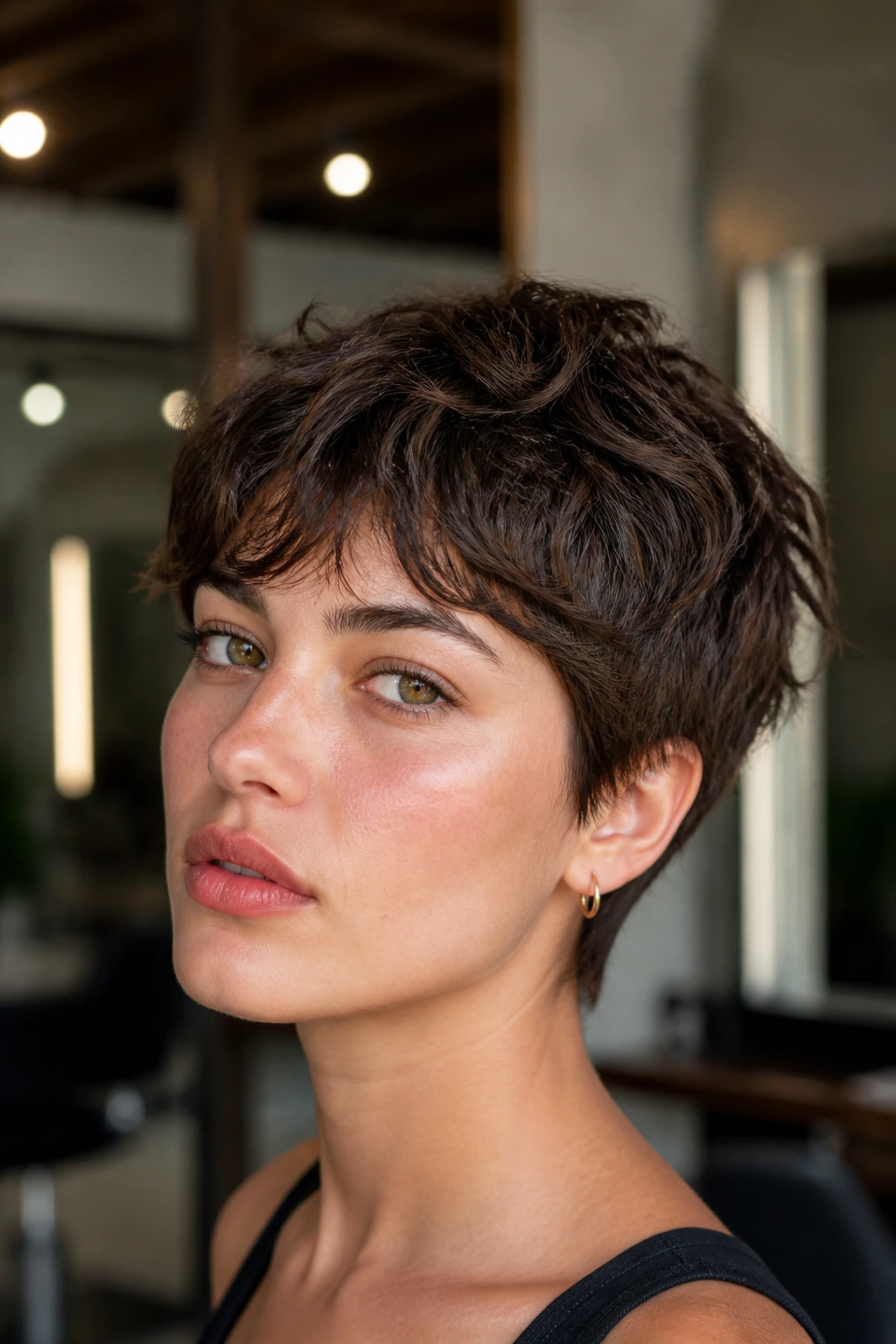 Close-up of a real person with a razor-textured crop on wavy hair.