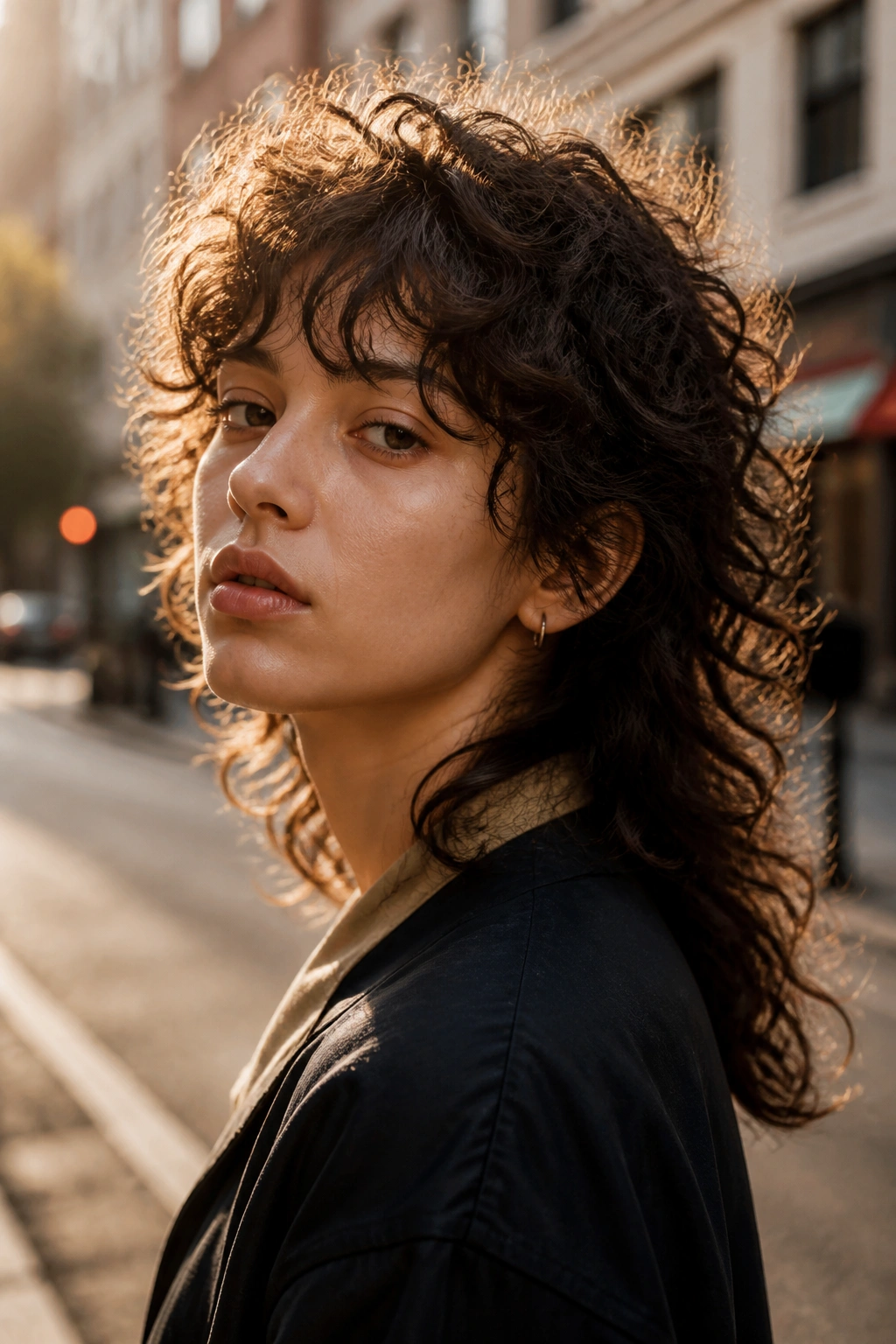 Portrait of a real person with razor-textured curly mullet in city sunset light