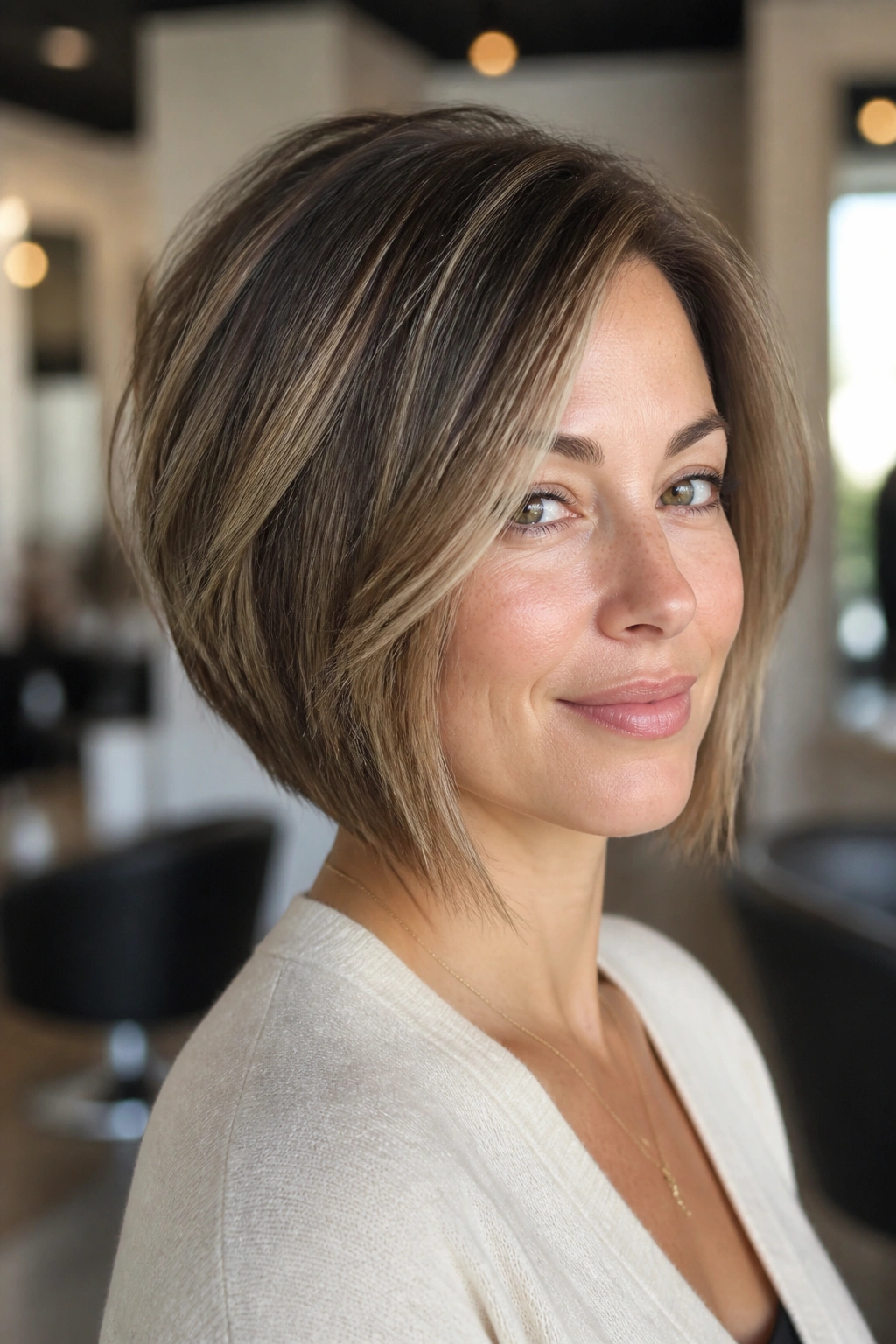 Close-up portrait of a real woman with razor-textured inverted bob in soft salon light
