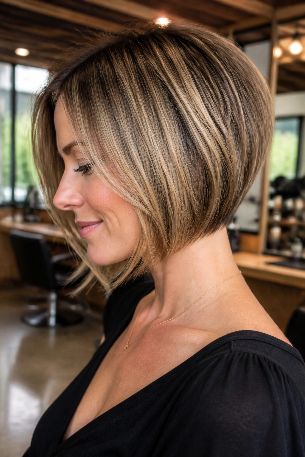 Close-up of a real woman with razor-textured ends in an inverted bob in a salon