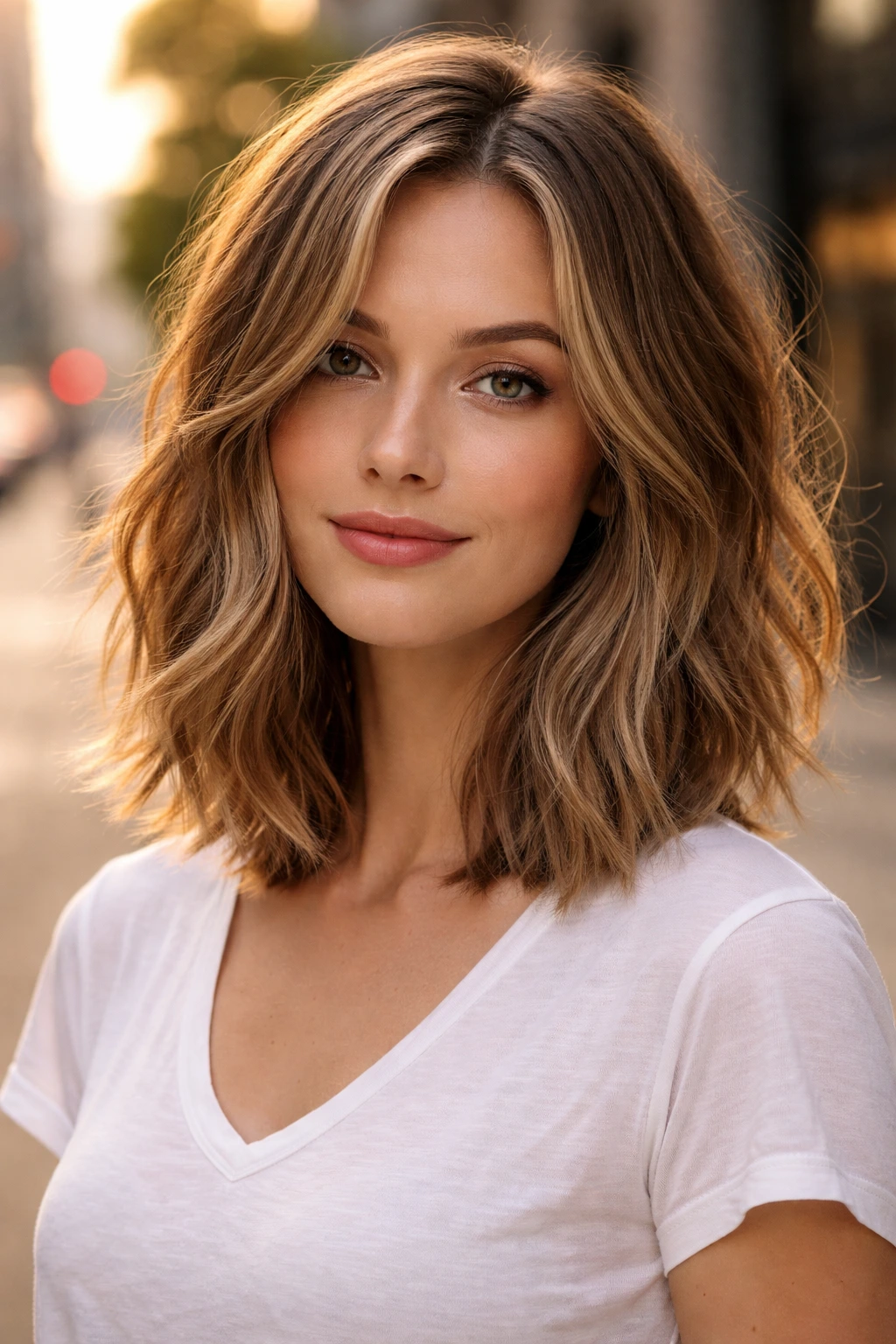Close-up portrait of a real woman with a razor-textured lob