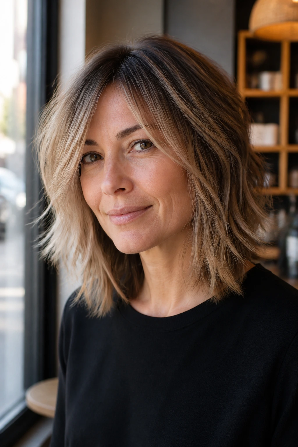 Close-up of a real woman with razor-textured mid-length cut