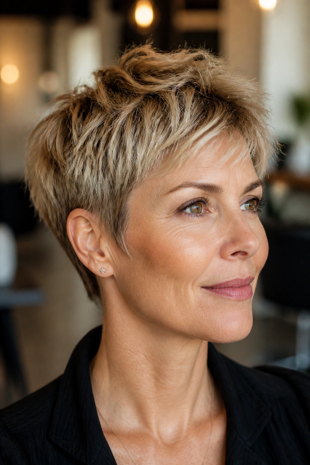 Close-up portrait of a real woman with razor-textured crop hairstyle