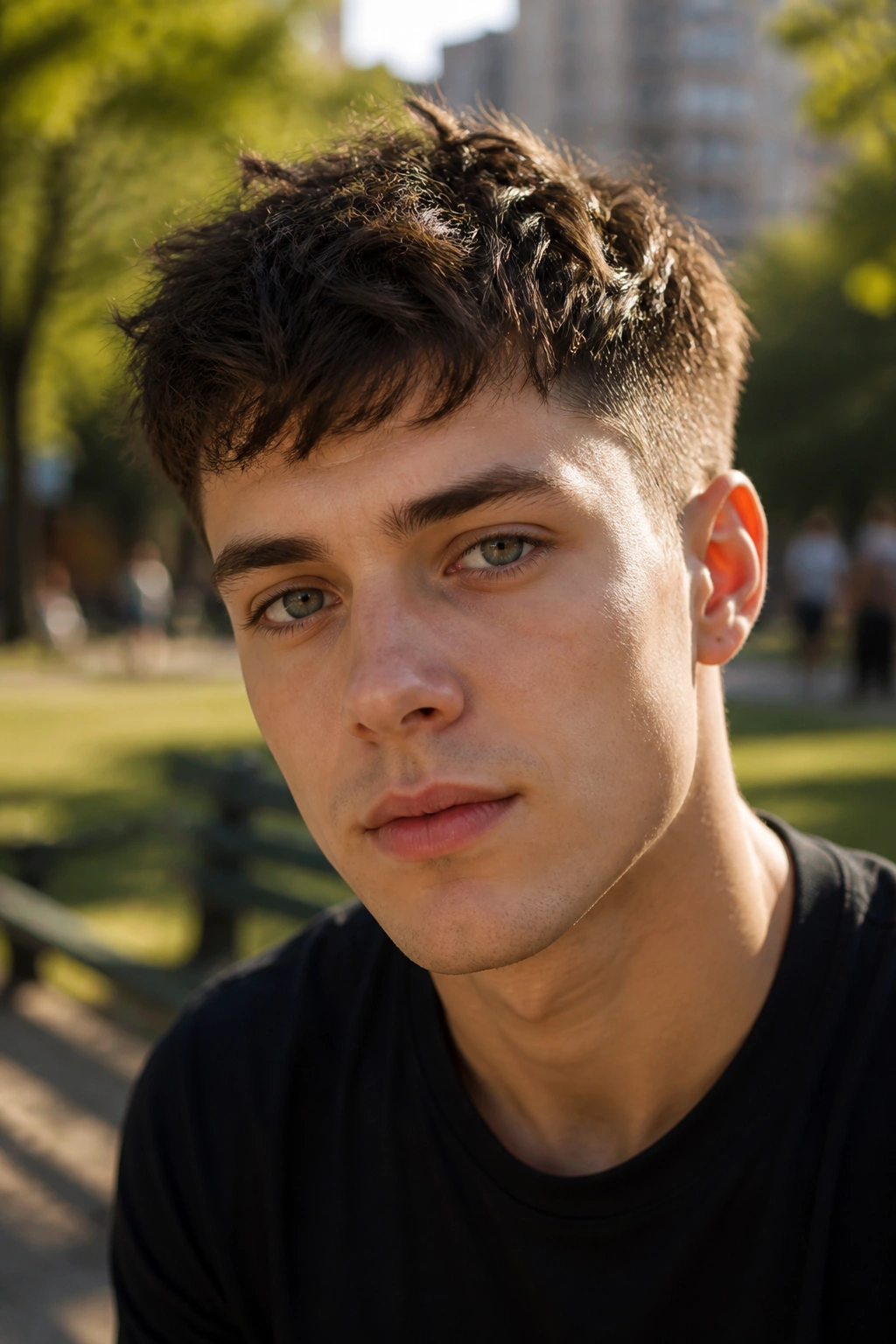 Close-up portrait of a man with Razor-Textured Pixie hairstyle