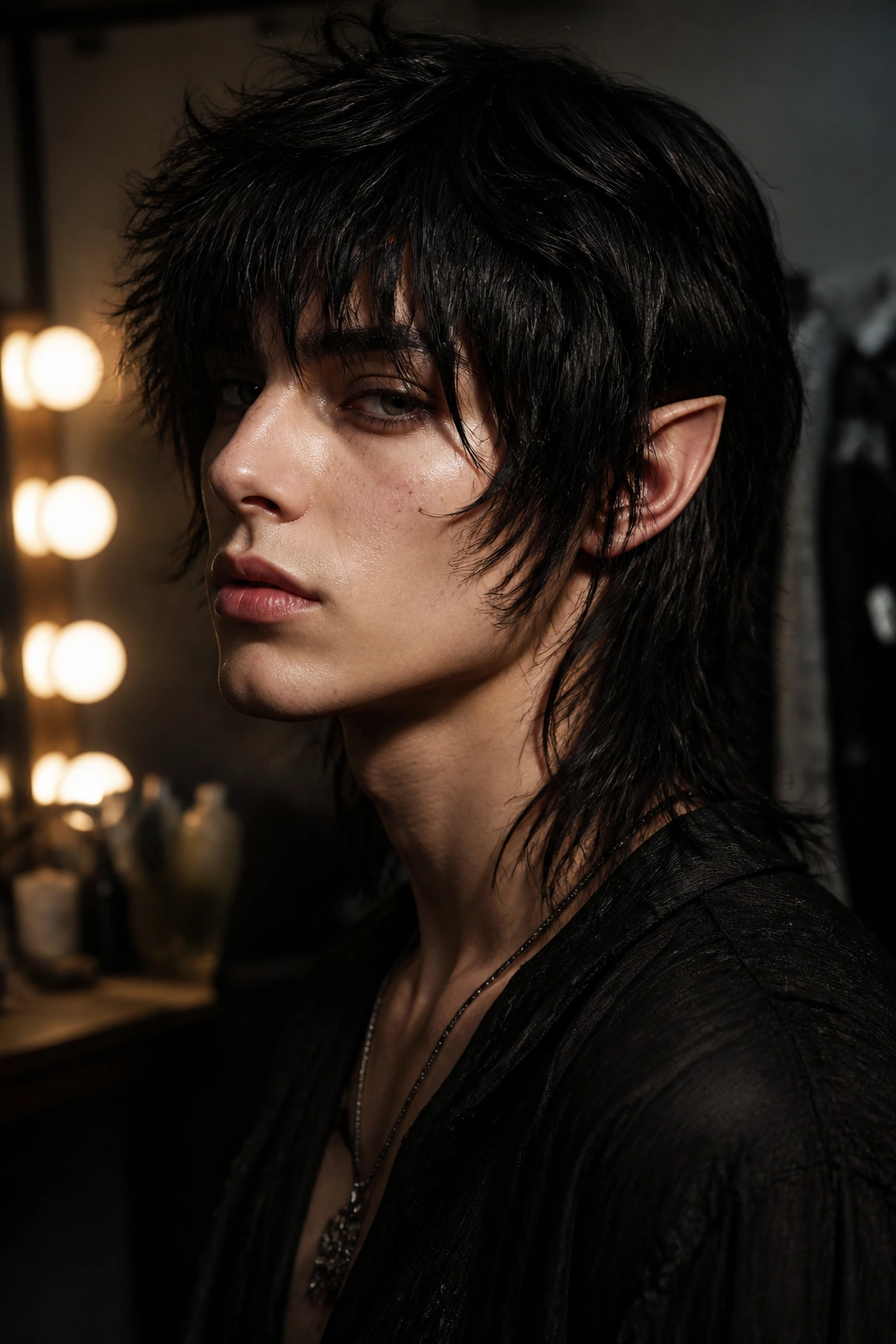 Portrait of a real person with razor-textured raven elvish mullet in backstage dressing room