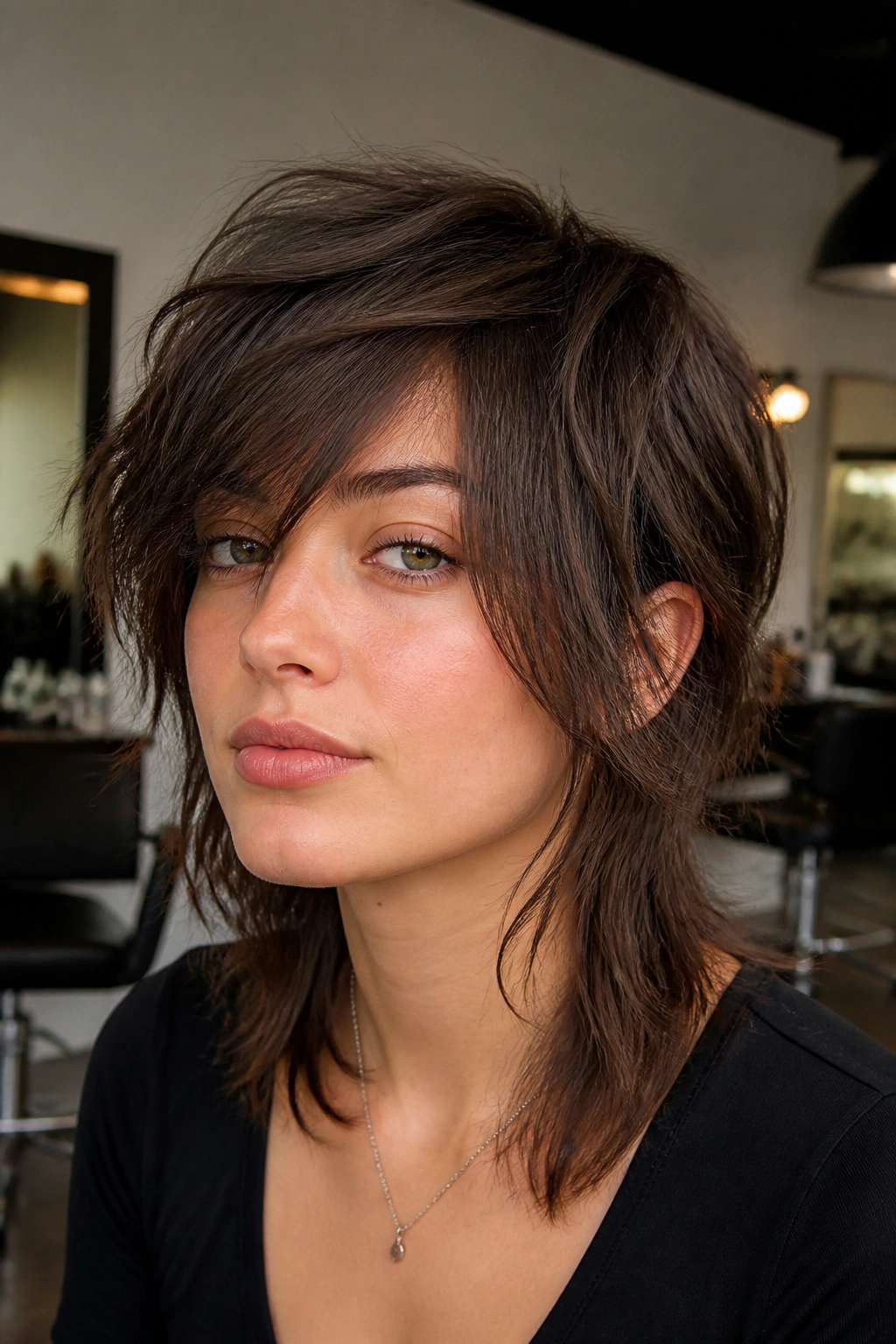 Close-up of a real person with razor-textured wolf cut and side-sweep