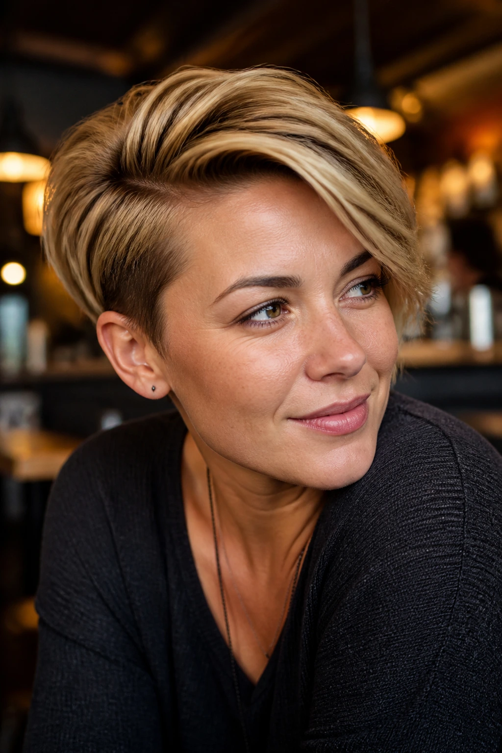 Close-up of a real woman with razor-cut crop and deep side part in cafe light