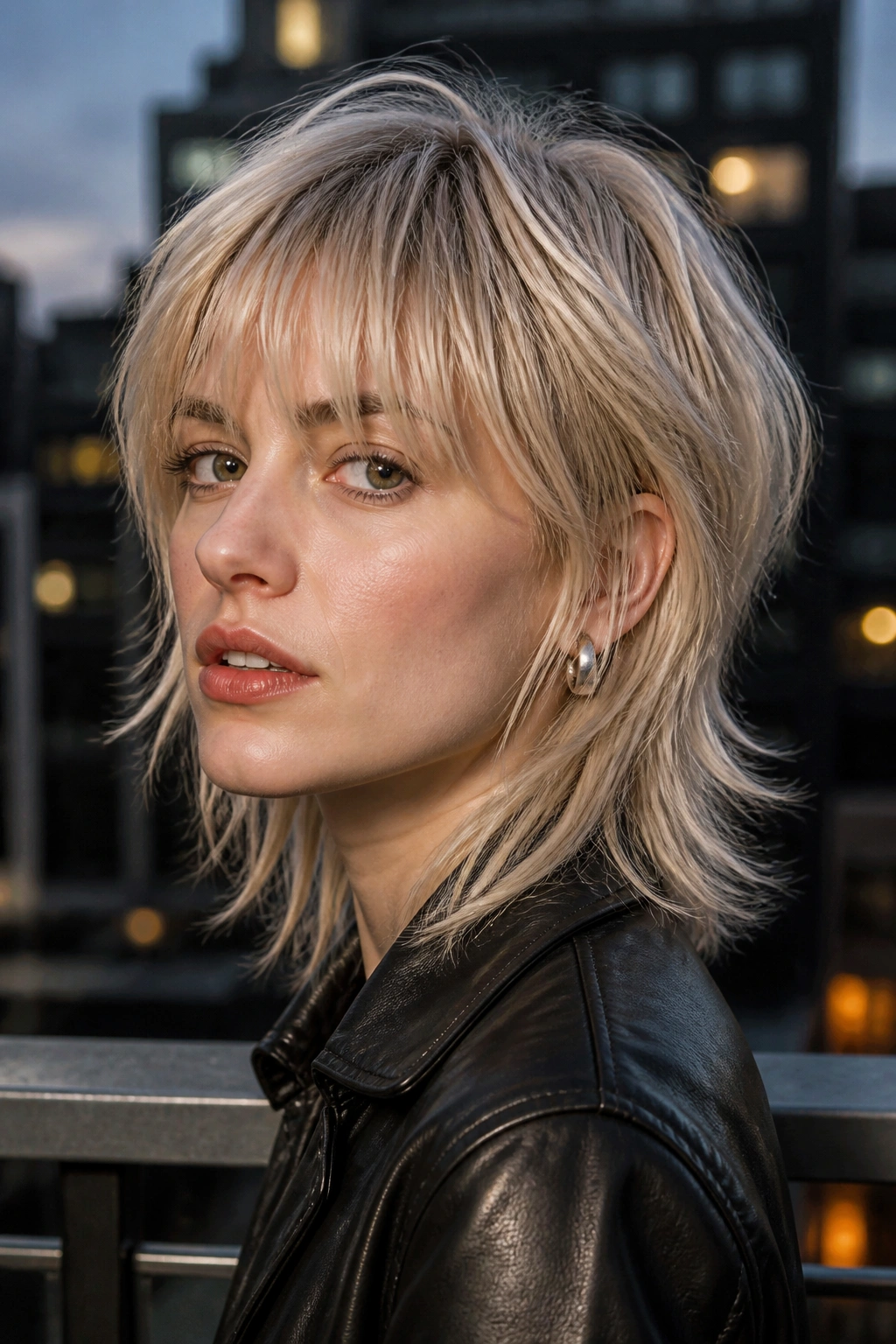 Close-up portrait of a real person with razored ash blonde shag
