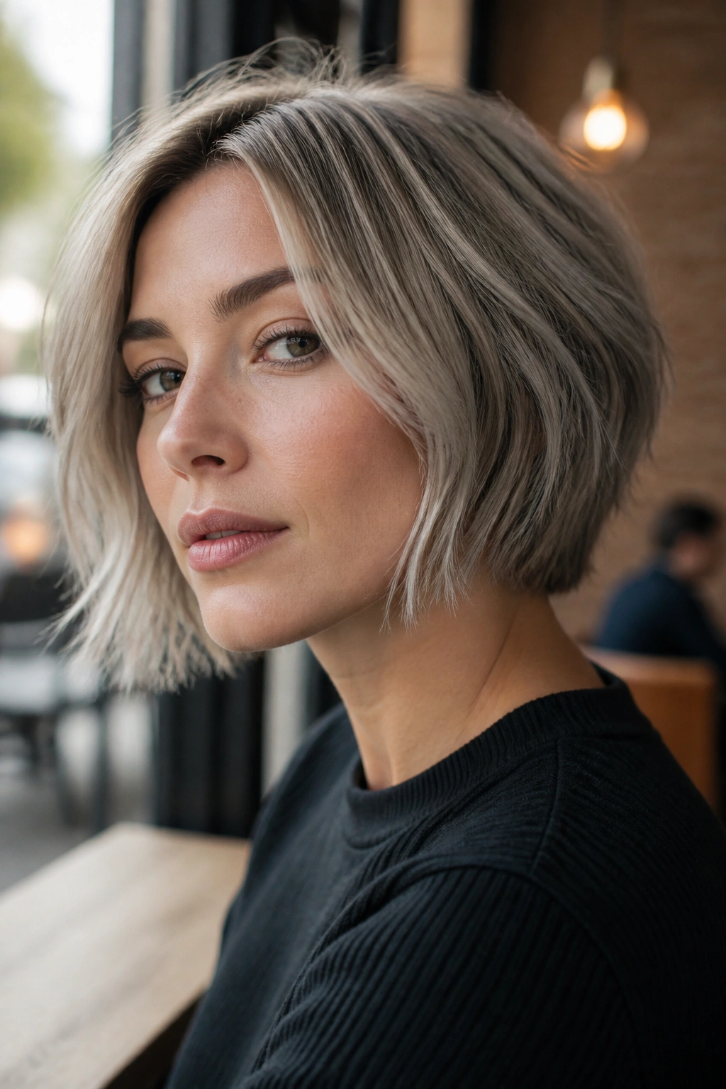Close-up portrait of razored ash bob with airy ends on a real woman