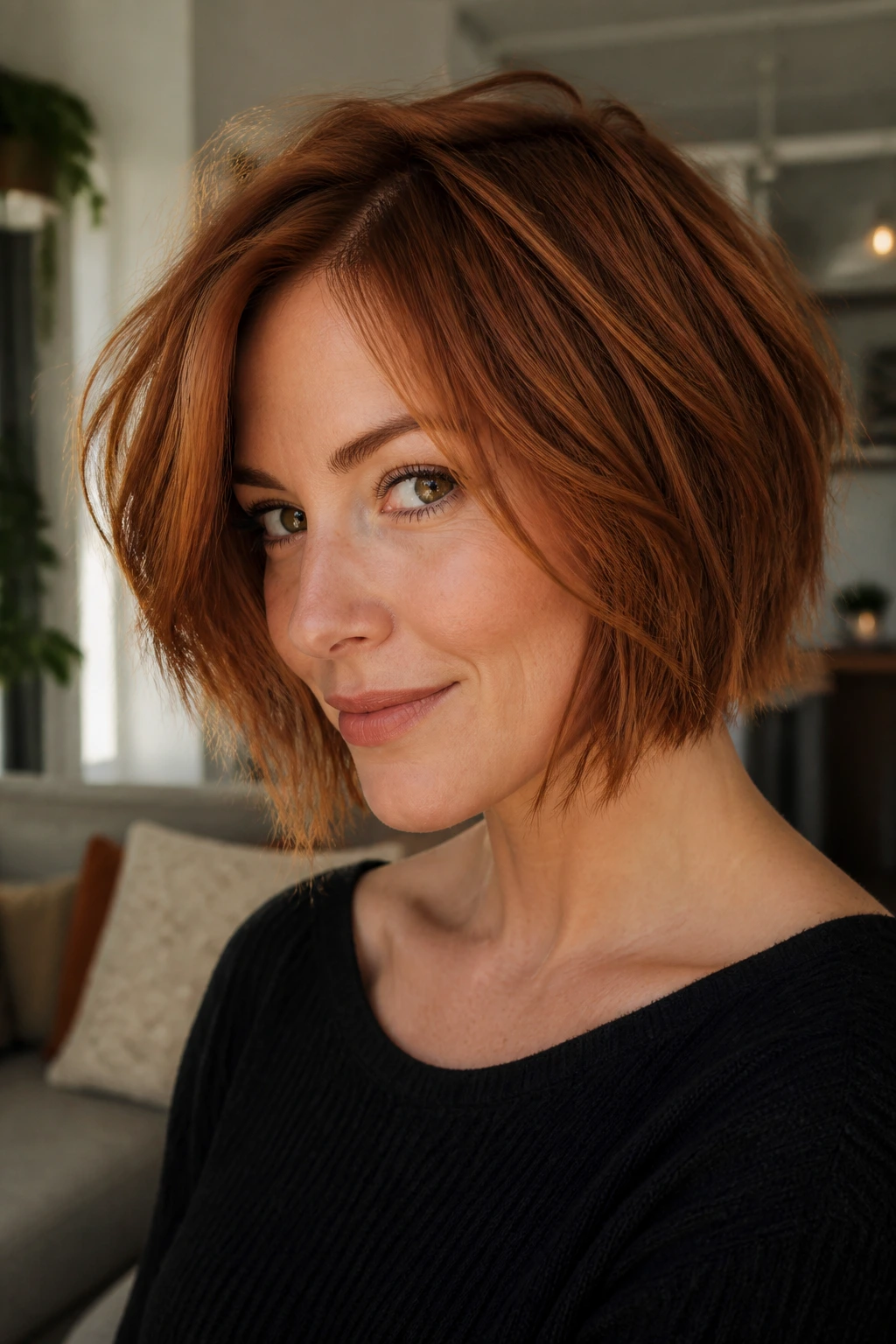 Real woman with razor-cut auburn bob showing texture and volume