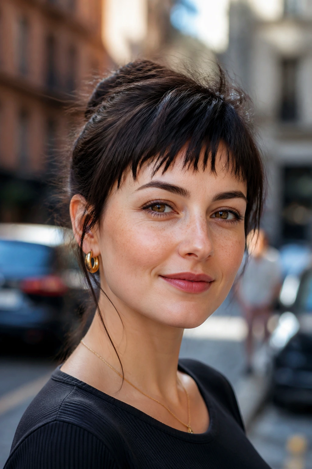 Close-up portrait of a real person with razor-cut uneven bangs