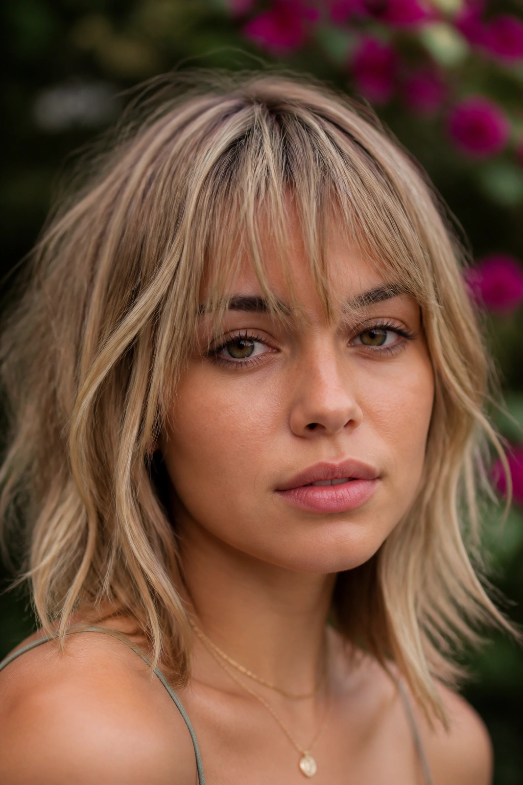 Real person with razored bangs in sandy blonde in natural light