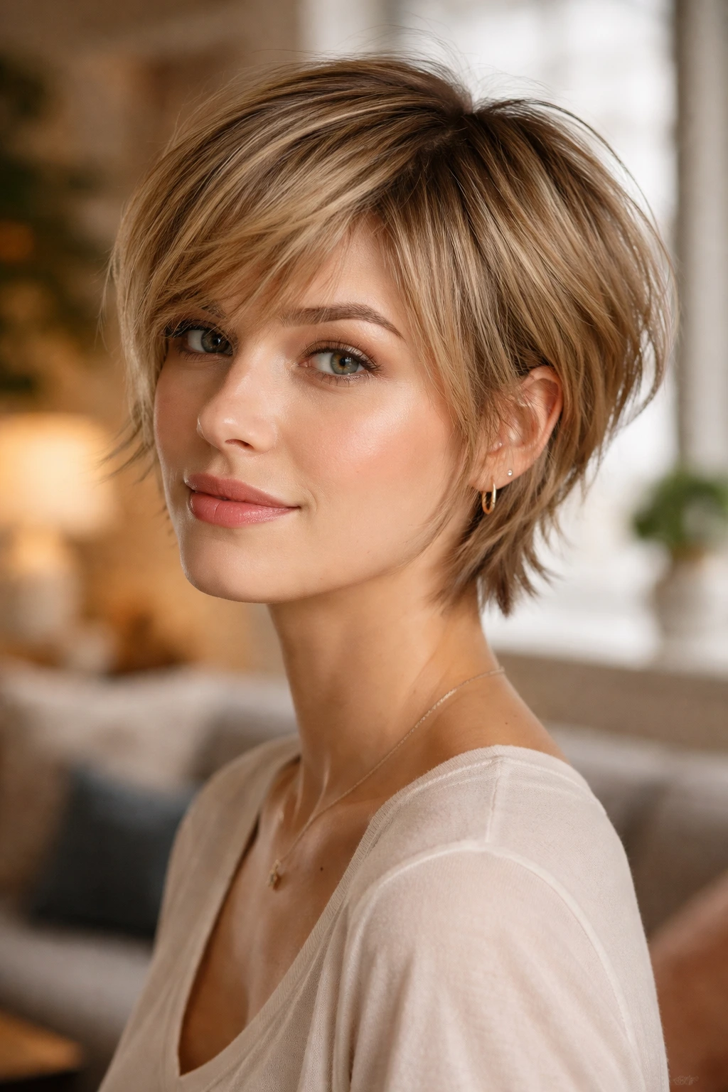 Close-up portrait of a real person with a razored bixie cut showing textured ends