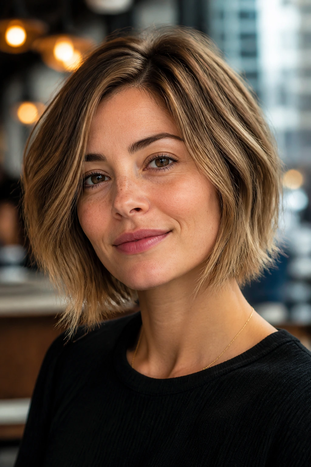 Close-up of a real woman with a razored bob and airy ends.