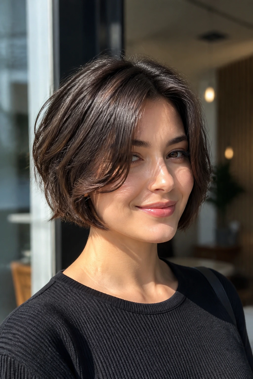 Close-up portrait of a real person with razored bob and airy layers