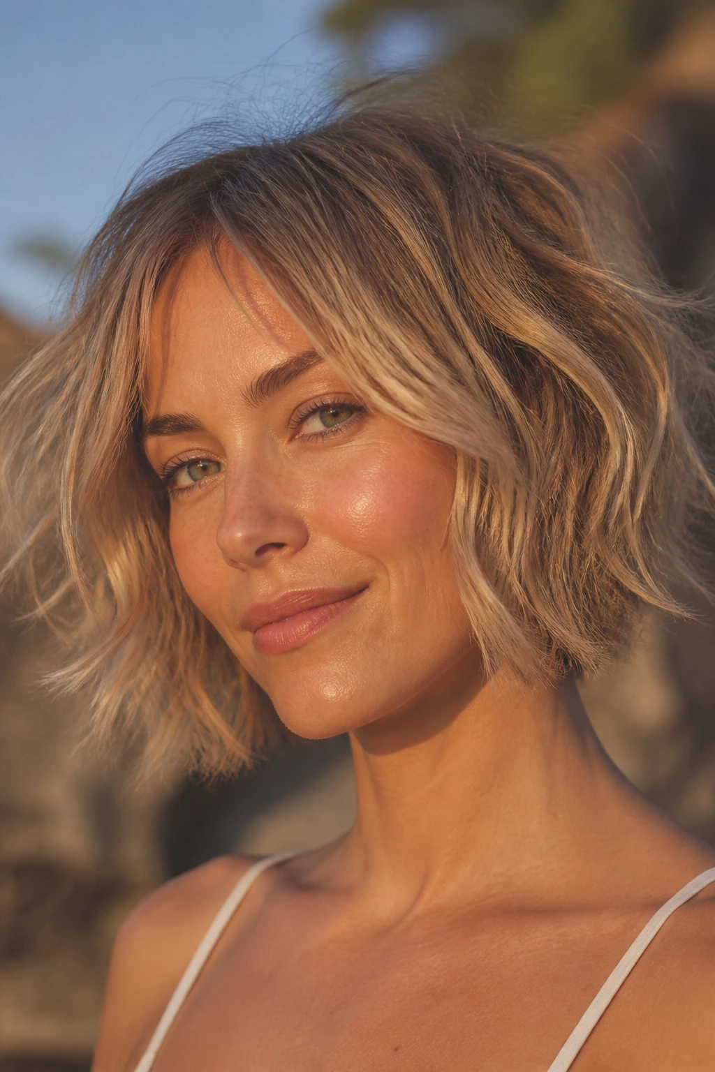 Close-up of a real woman wearing a beachy razored bob with feathered ends in golden hour light