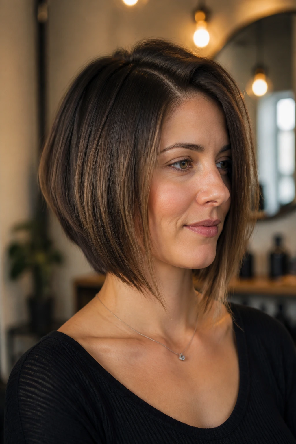 Three-quarter portrait of a real woman with a razored bob and lightly shattered edge in a chic salon.