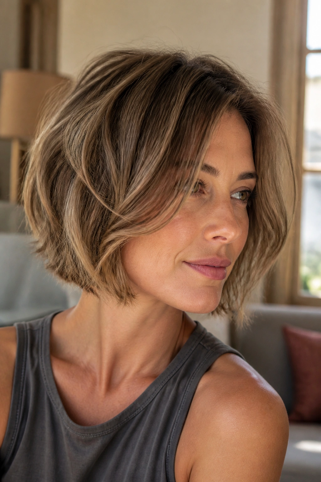 Close-up portrait of a real woman with a razor-cut bob and feathered ends in warm window light
