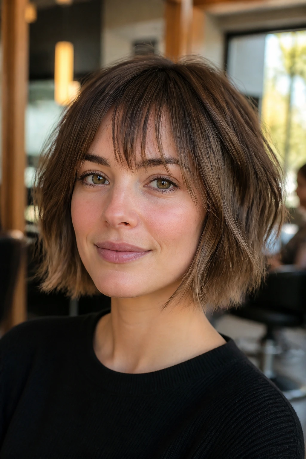 Close-up of a real woman with a razored bob and light fringe in a salon.