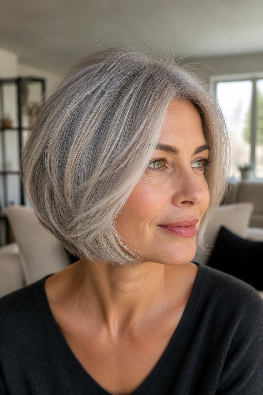 Portrait of a woman with a razored grey bob showing soft movement.