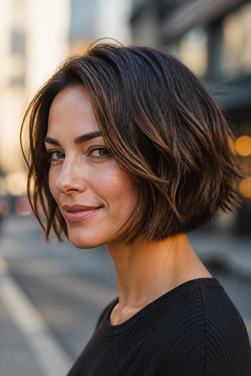 Close-up of a real woman with razored bob and micro layers