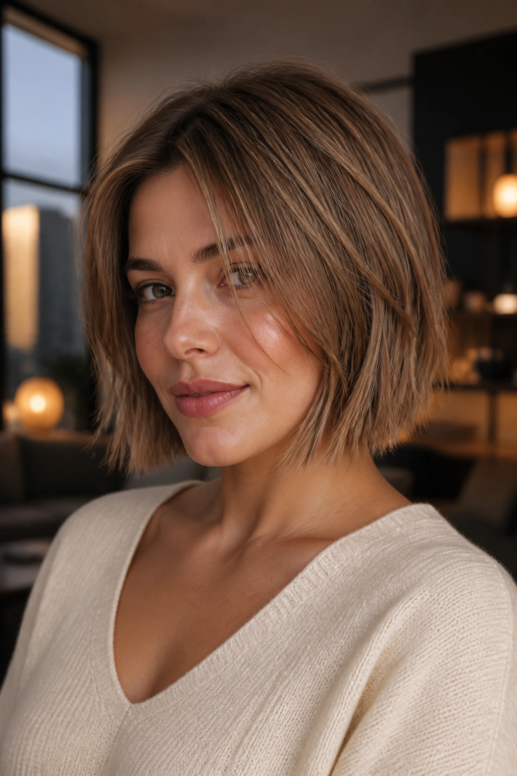 Real woman with a razored bob and piecey ends
