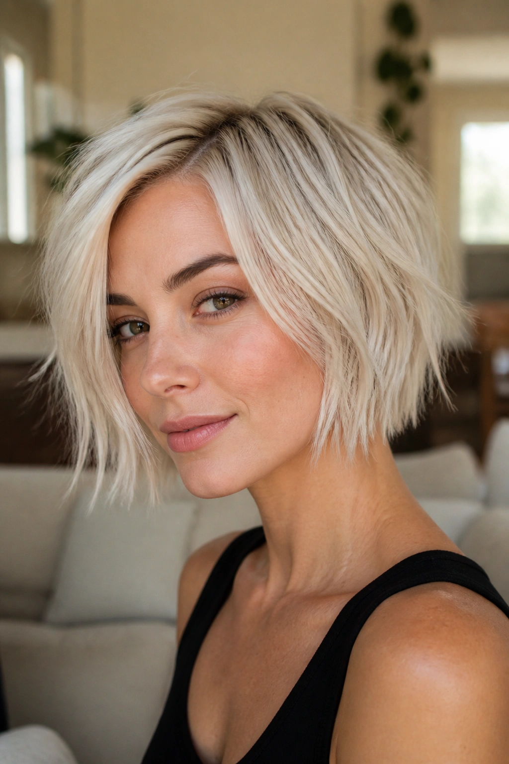 Close-up of a real person with a platinum razor-cut bob and piecey ends