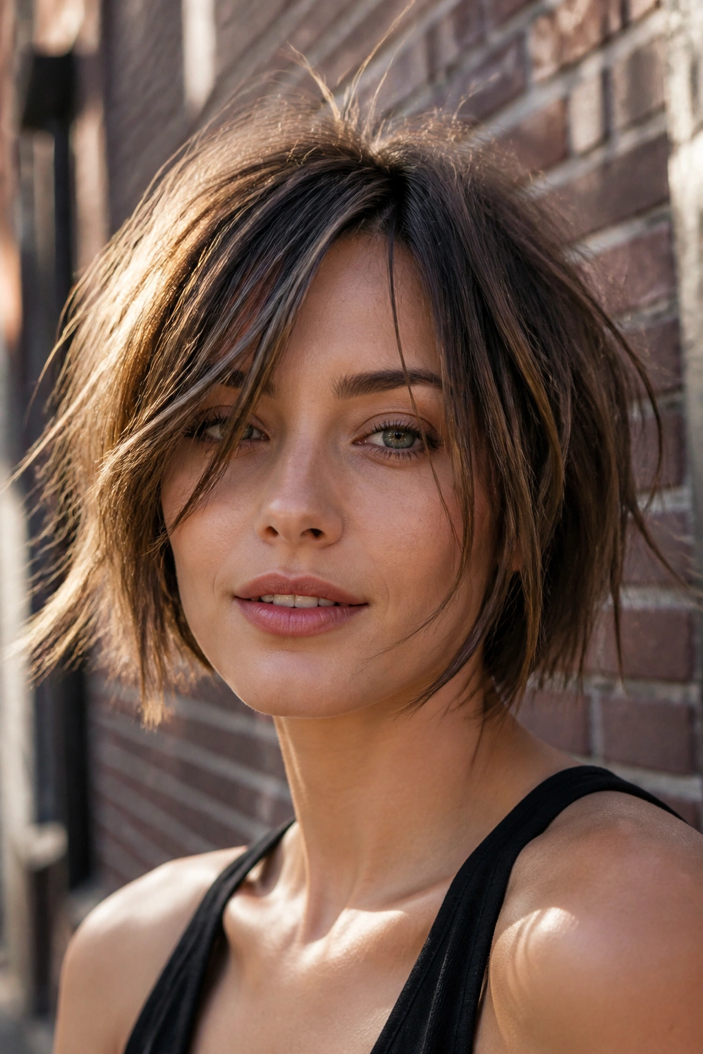 Real woman with razored bob and piecey ends in outdoor natural light