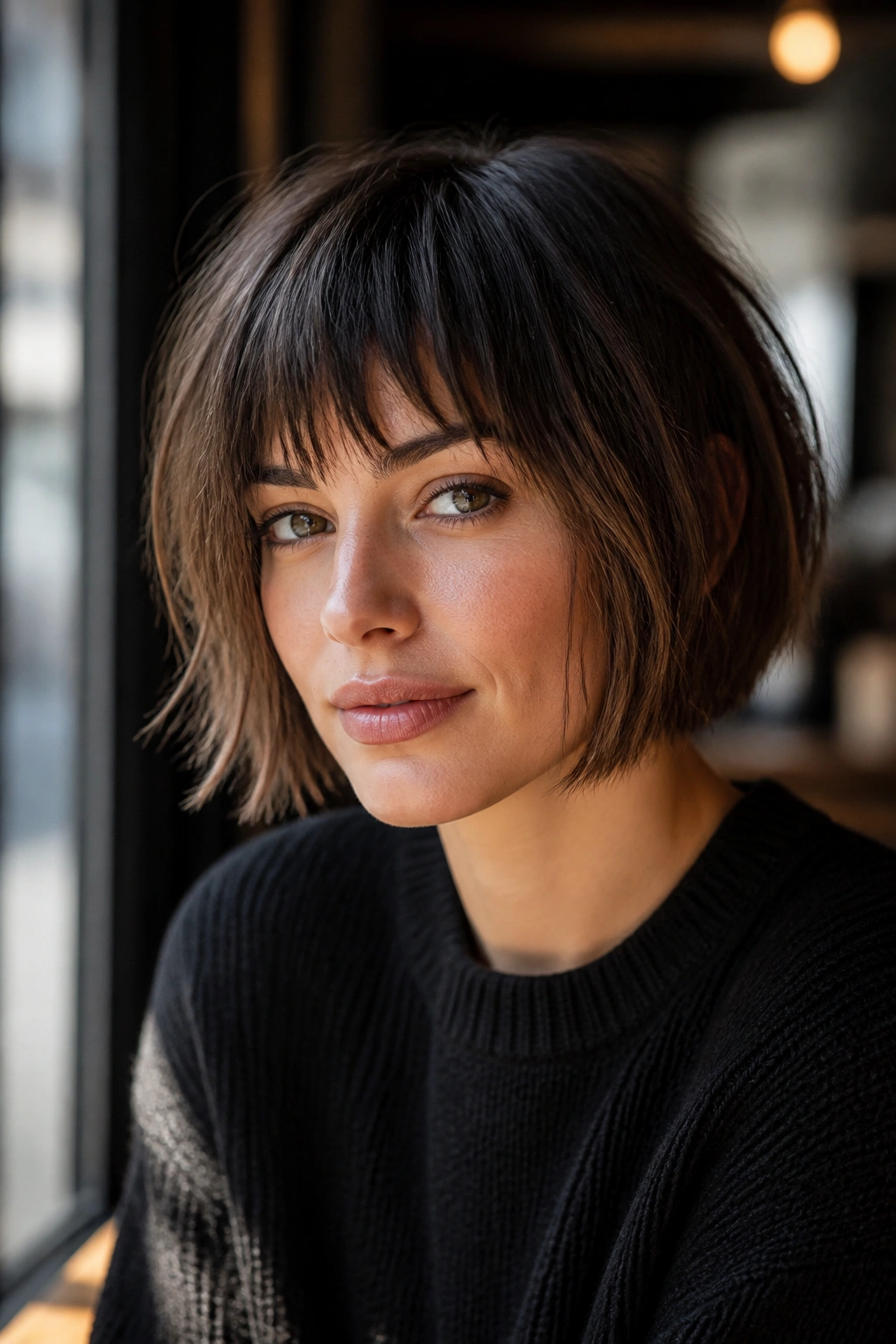 Portrait of a woman with a razored bob and piecey fringe at a cafe window.