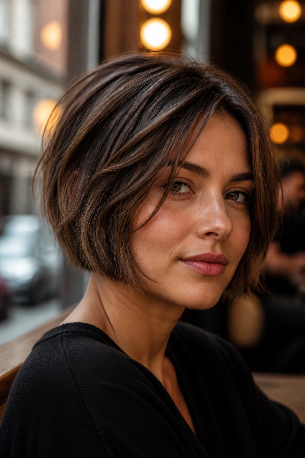 Portrait of a real woman with a razored bob and feathered ends in an urban cafe setting.