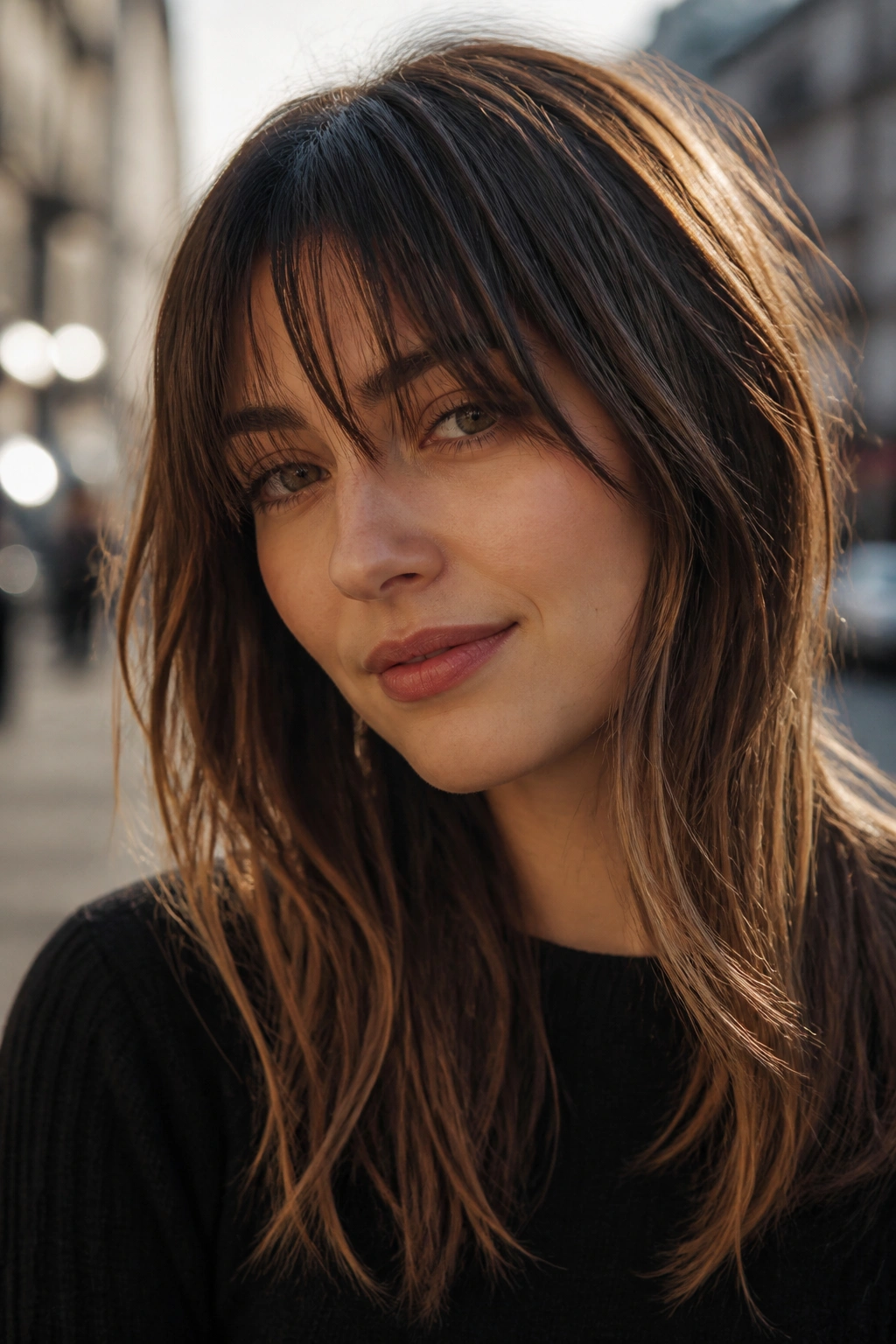 Real woman with razored brown fringe showing texture and lighter ends in late day light.